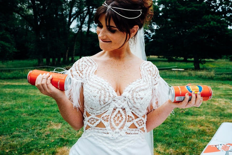 bride with beer cans