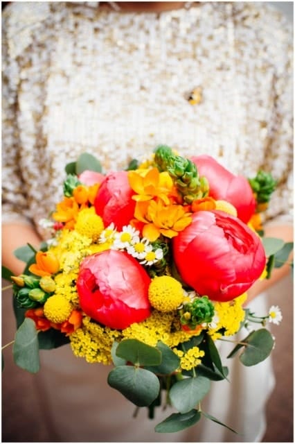 bright pink yellow wedding bouquet